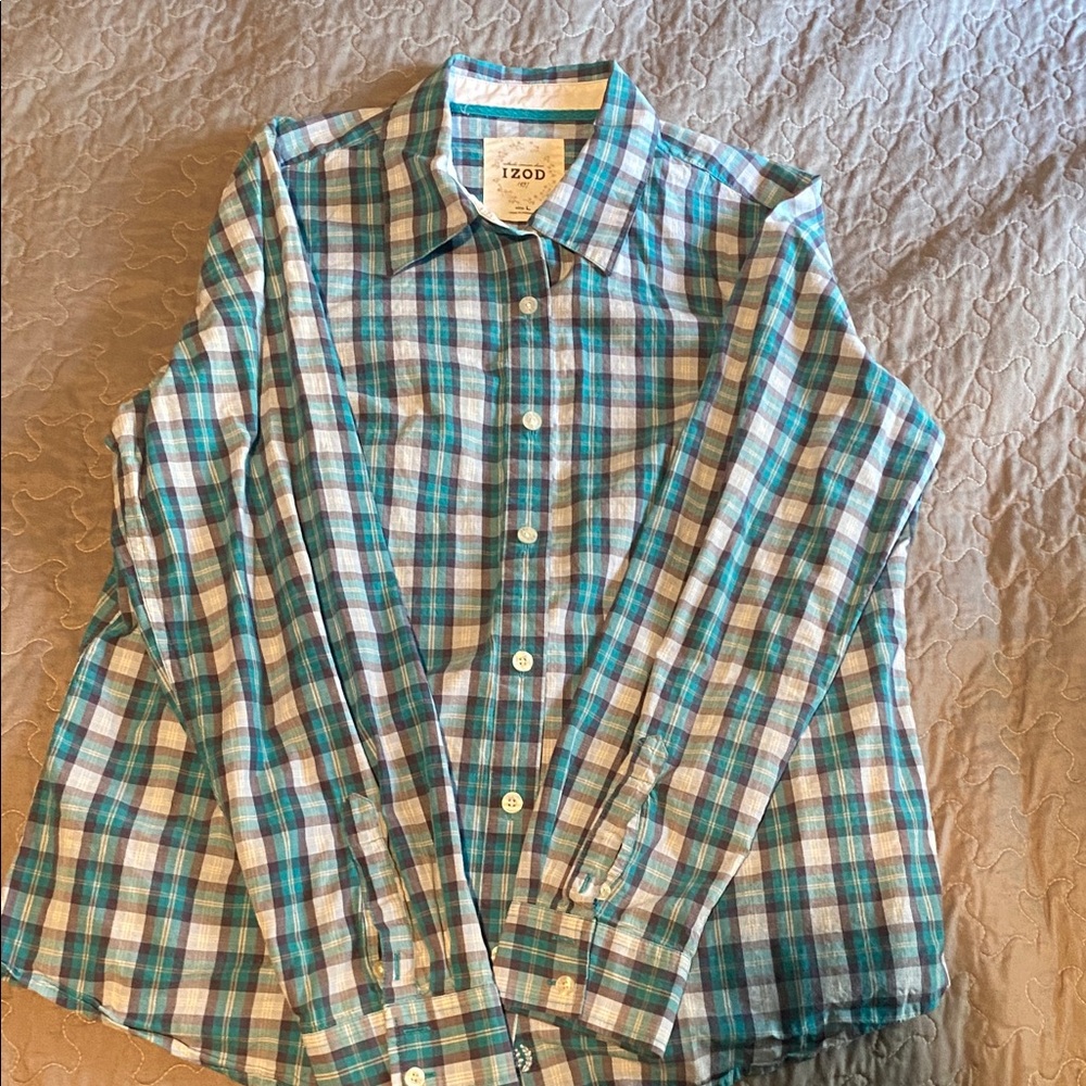 Izod Men's Teal and White Checkered Shirt